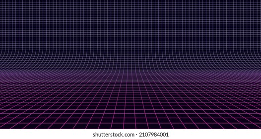 Retro Futuristic Neon Grid Background. 80s Design Perspective Plane Landscape. Neon Lines Lights. Synthwave, Retrowave, Vaporwave Theme Vector Illustration