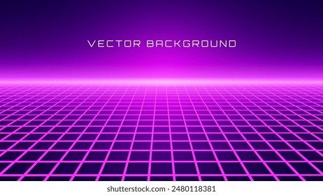 Retro Futuristic Neon Grid Background. 80s Design Perspective Plane Landscape. Neon Lines Lights. Synthwave, Retrowave, Vaporwave Theme Vector Illustration