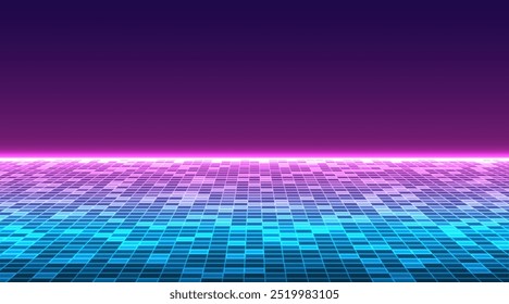 Retro futuristic neon grid background. Perspective grid