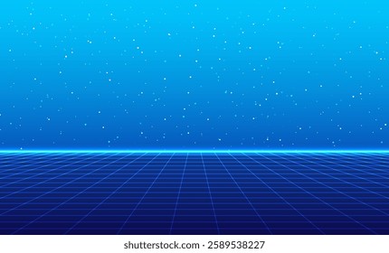 Retro futuristic neon grid background. Perspective grid