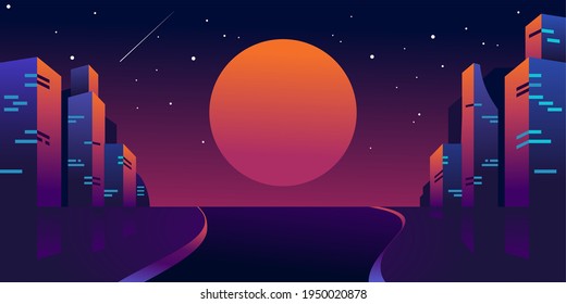 retro futuristic night city with moon or sun , Cityscape on a dark background with bright and glowing neon purple and blue lights. Wide highway front view. Cyberpunk and retro wave style illustration