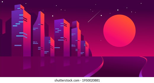 retro futuristic night city with moon or sun , Cityscape on a dark background with bright and glowing neon purple and blue lights. Wide highway front view. Cyberpunk and retro wave style illustration