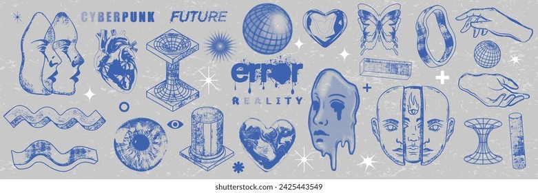 Retro futuristic object set, vector y2k cyberpunk sticker kit, brutalism shape collection, globe. Techno cyber acid tattoo, grunge texture halftone geometric forms, heart, human face. Retro futuristic