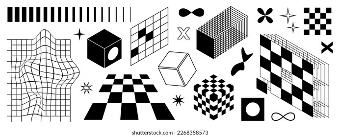 Retro futuristic objects. Vector illustration of perspective grids, distortions, three-dimensional geometric shapes and signs.