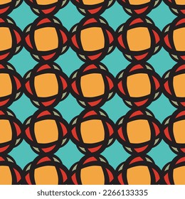 Retro Futuristic Orange Grid Kimono Pattern Vintage Seamless Design with stylized circular motifs for Fashion, textiles, wallpaper and Home Decor kitchen, bathroom, packaging