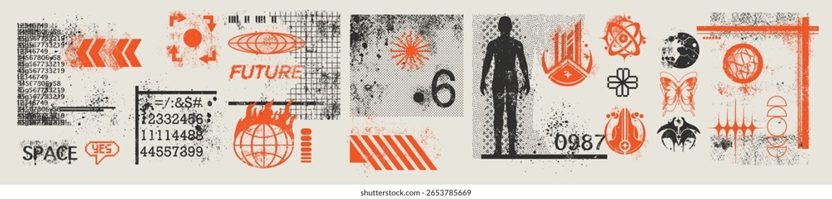 Conjunto de textura de sobreposição futurista retrô, impressão de colagem abstrata de vetor de espaço grunge, sinal cibernético de galáxia. Techno ruído fundo moderno, ácido criativo geométrico sci-fi forma globo. Pôster futurista retrô