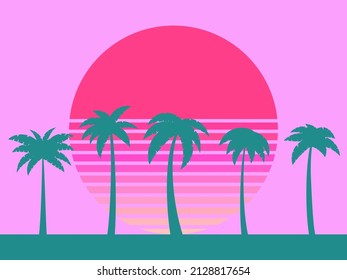 Retro futuristic palm trees in 80s style at sunset. Summer time, palm trees on the background of the sun, synthwave style. Design for advertising brochures and banners. vector illustration