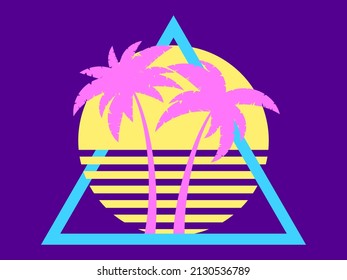 Retro futuristic palm trees in 80s style at sunset. Summer time, palm trees on the background of the sun, synthwave style. Design for advertising brochures and banners. vector illustration