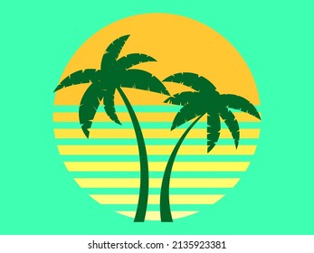 Retro futuristic palm trees in 80s style at sunset. Summer time, palm trees on the background of the sun, synthwave style. Design for advertising brochures and banners. Vector illustration