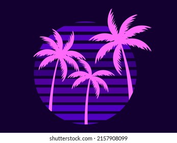 Retro futuristic palm trees in 80s style at sunset. Summer time, palm trees on the background of the sun, synthwave style. Design for advertising brochures and banners. vector illustration