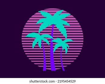 Retro futuristic palm trees in 80s style at sunset. Summer time, palm trees on the background of the sun, synthwave style. Design for advertising brochures and banners. vector illustration