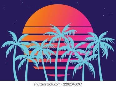 Retro futuristic palm trees in 80s style at sunset. Summer time, palm trees on the background of the sun, synthwave style. Design for advertising brochures and banners