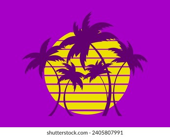 Retro futuristic palm trees in 80s style at sunset. Summer time, palm trees on the background of the sun, synthwave style. Design for advertising brochures and banners. vector illustration