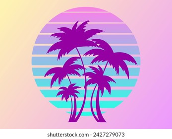 Retro futuristic palm trees in 80s style at sunset. Summer time, palm trees on the background of the sun, synthwave style. Design for advertising brochures and banners. vector illustration