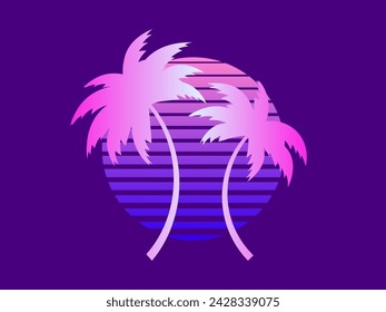 Retro futuristic palm trees in 80s style at sunset. Summer time, palm trees on the background of the sun, synthwave style. Design for advertising brochures and banners. Vector illustration