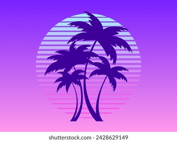 Retro futuristic palm trees in 80s style at sunset. Summer time, palm trees on the background of the sun, synthwave style. Design for advertising brochures and banners. Vector illustration