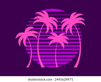 Retro futuristic palm trees in 80s style at sunset. Summer time, palm trees on the background of the sun, synthwave style. Design for advertising brochures and banners. vector illustration