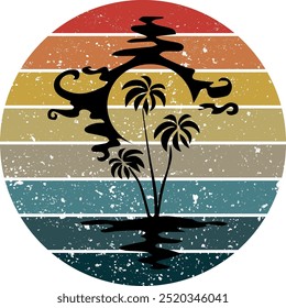 Retro futuristic palm trees in 80s style at sunset. Summer time, palm trees on the background of the sun, retro style. Design for advertising brochures and banners. Retro 90s, bright background