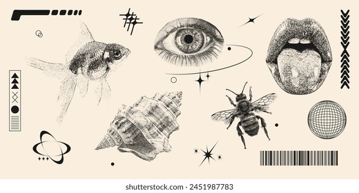 Retro futuristische Fotokopie Elemente Set. Augen, Lippen, Muscheln, Bienen, Fische und geometrische abstrakte Formen mit Korneffekt und Stipping. Y2k-Druck für brutales Design. Zeitgenössische Vektorillustration.