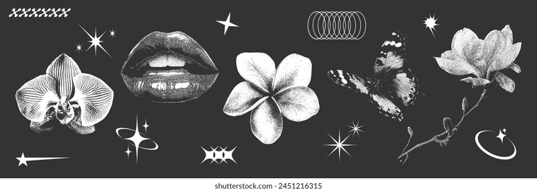 Retro futuristic photocopy object set. Contemporary vector stickers design, woman lips, various flowers and butterfly. Vintage negative halftone effect, trendy y2k aesthetic.