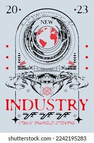 Retro futuristisches Plakat mit abstraktem Elementtext "new industry" . Im Techno-Stil, stylischer Druck für Straßenbekleidung, Druck für T-Shirts und Hoodies einzeln auf schwarz-weißem Hintergrund