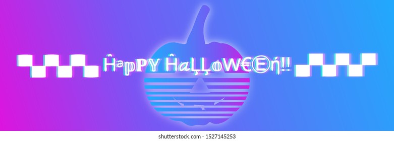 Retro futuristic poster with aesthetics of vaporwave style. Striped pumpkin and stylized text 