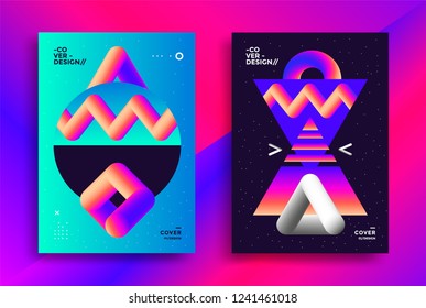 Retro futuristic poster design with gradient geometric art shapes. Minimal bright backgrounds for flyer, cover, brochure. Vector template