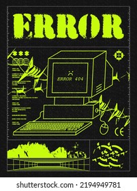 Retro futuristic poster with desktop computer and error 404. Trendy grunge print for clothes, t-shirts, hoodies and sweaters. Isolated on black background