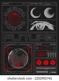 Retro futuristic poster of the future, with wireframes of 3D spheres. Abstract print with noise, for street wear, print for t-shirts and sweatshirts on a black background