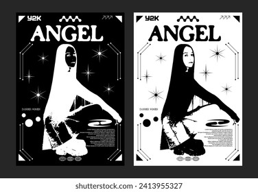  Retro futuristic poster girl Y2k.  Vector banner for printing, clothes prints