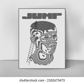 Retro futuristic poster with a head into which a man jumps. Abstract print for streetwear, print for t-shirts and sweatshirts on a white background