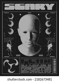 Retro futuristic poster with human head . Abstract horror print with noise, for streetwear, print for t-shirts and sweatshirts on a black background