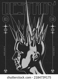 Retro futuristic poster with human head with spikes . Abstract horror print with noise, for streetwear, print for t-shirts and sweatshirts on a black background