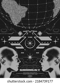 Retro futuristic poster with human head and sphere. Abstract horror print with noise, for streetwear, print for t-shirts and sweatshirts on a black background