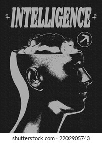 Retro futuristic poster with human head and brains. Abstract horror print with noise, for streetwear, print for t-shirts and sweatshirts on a black background