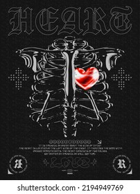 Retro futuristic poster with human skeleton and heart inside. Trendy grunge print for clothes, t-shirts, hoodies and sweaters. Isolated on black background