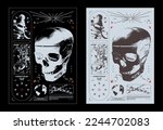 Retro futuristic poster with human skull. Abstract print with noise, for streetwear, print for t-shirts and sweatshirts on a black background
