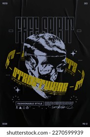 Afiche retro futurista con cráneo humano y texto gráfico rotativo 3D. Impresión abstracta con ruido, para ropa de calle, imprimir para camisetas y sudaderas con fondo negro