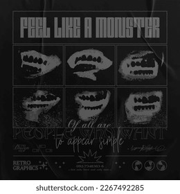 Retro futuristic poster with human teeth. Abstract print with noise, for streetwear, print for t-shirts and sweatshirts on a black background