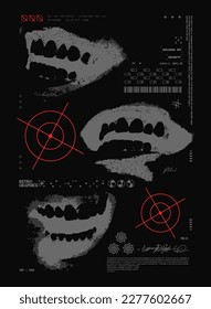 Retro futuristic poster with human teeth. Abstract print with noise, for streetwear, print for t-shirts and sweatshirts on a black background