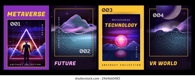 Retro futuristisches Poster mit Laser Grid Berge, Sonnenuntergang, Planet auf Drahtgitter Hintergrund. Vektorgrafik Retrowave Cover der 80er Jahre mit Synthwave Neon Light Triangle, MAN Silhouette im Vaporwave Stil