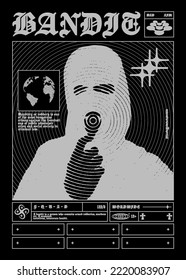 Retro futuristic poster with a man in a burglar mask. Print in techno style, for streetwear, print for t-shirts and sweatshirts on a black background