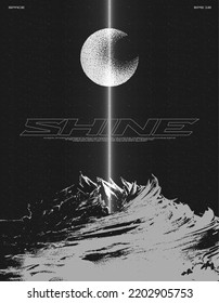 Retro futuristic poster with a mountain and a shining bright beam. Abstract print with noise, for streetwear, print for t-shirts and sweatshirts on a black background