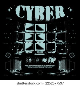 Afiche retro futurista con computadoras obsoletas y texto de "Cyber". Impresión abstracta con ruido, para ropa de calle, imprimir para camisetas y sudaderas con fondo negro