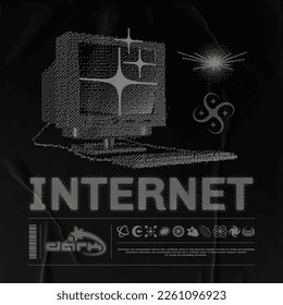 Retro futuristic poster with obsolete computers. Abstract print with noise, for streetwear, print for t-shirts and sweatshirts on a black background