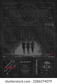 Retro futuristic poster with pixel explosion and blurred people with dither effect. Abstract print for streetwear, for a jacket, t-shirt or sweatshirt. Isolated on black background