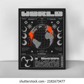 Retro futuristic poster with planet earth and spiders. Abstract horror print for streetwear, print for t-shirts and sweatshirts on a black background