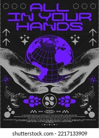 Retro futuristische Plakatplanet in der Hand "All in your hand". Druck im Techno-Stil für Streetwear, Druck für T-Shirts und Sweatshirts auf schwarzem Hintergrund