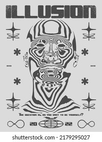 Retro futuristic poster with psychedelic human head and text "illusion" . Stylish techno style print for streetwear, print for t-shirts and sweatshirts on black background