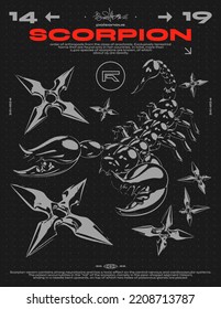 Retro futuristisches Poster mit Skorpion und Shurikens. Abstrakter Druck für Straßenbekleidung, Druck für T-Shirts und Sweatshirts auf schwarzem Hintergrund